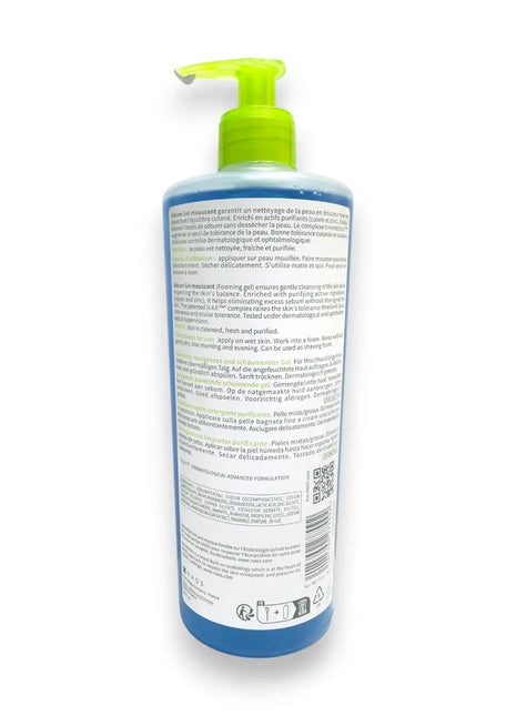 Bioderma Sebium Foaming Gel Cleanser 500ml back packaging showing ingredients and directions for use.