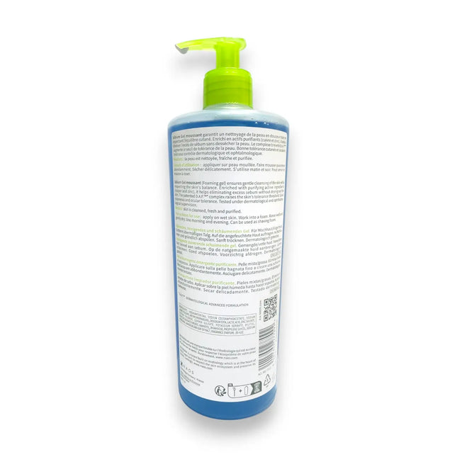 Bioderma Sebium Foaming Gel Cleanser 500ml back packaging showing ingredients and directions for use.