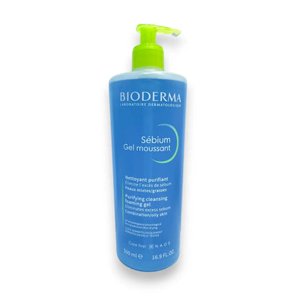 Bioderma Sebium Foaming Gel Cleanser 500ml bottle for combination to oily skin, gentle purifying formula.