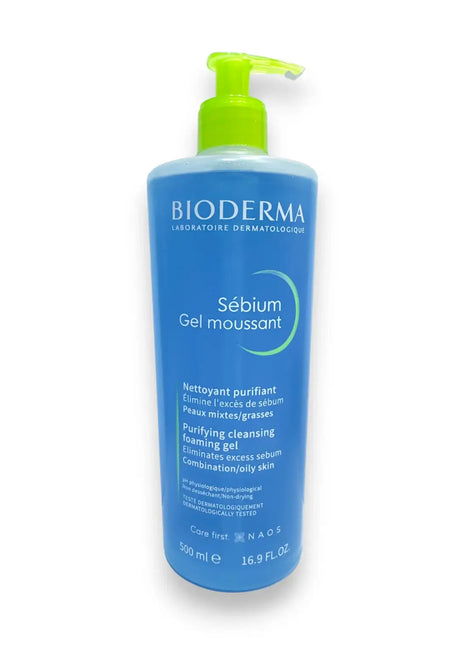Bioderma Sebium Foaming Gel Cleanser 500ml bottle for combination to oily skin, gentle purifying formula.