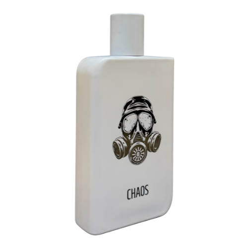 Chaos Samam Unisex Eau De Parfum 100ml bottle featuring a unique design with gas mask illustration.