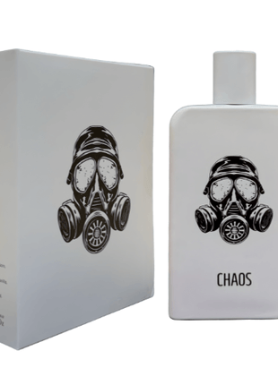Chaos Samam Unisex Eau De Parfum 100ml bottle and packaging featuring a gas mask design.