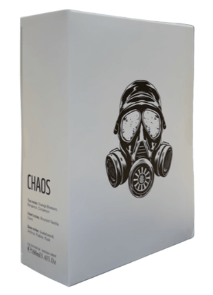 Chaos Samam Unisex Eau De Parfum packaging design featuring a gas mask illustration on a white box.
