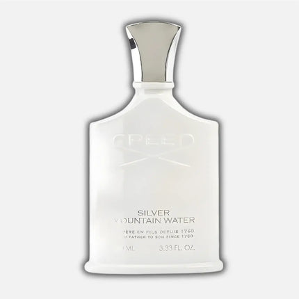 Creed Silver Mountain Water Eau De Parfum 100ml bottle designed with a sleek white finish and silver cap.