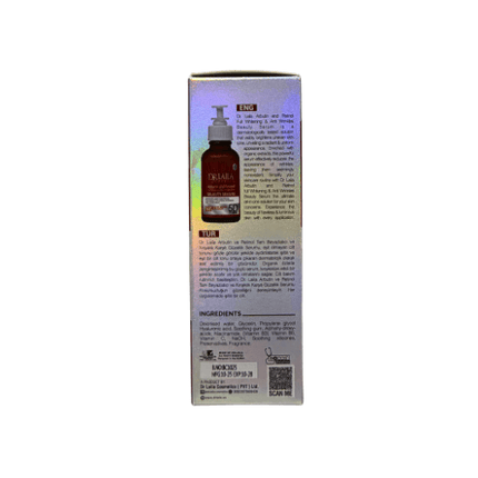 Back of Dr Laila Arbutin Retinol Face Serum 30ml box showing product details and ingredients.