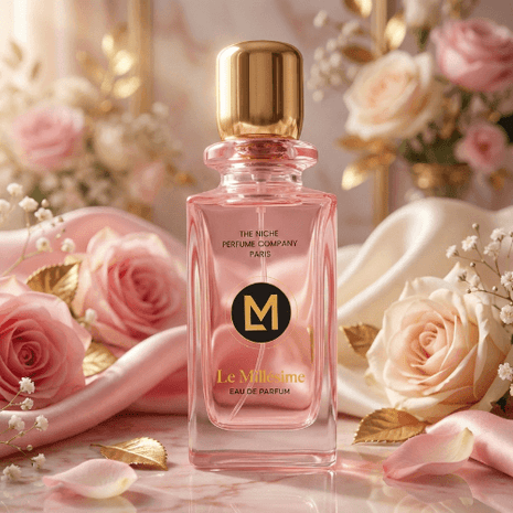 Eddy Moly Le Millesime EDP 75ml bottle elegantly presented surrounded by roses and silk fabric.
