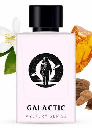 Nexpo Galactic Extrait De Parfum 100ml bottle with floral and amber elements, showcasing a cosmic theme.
