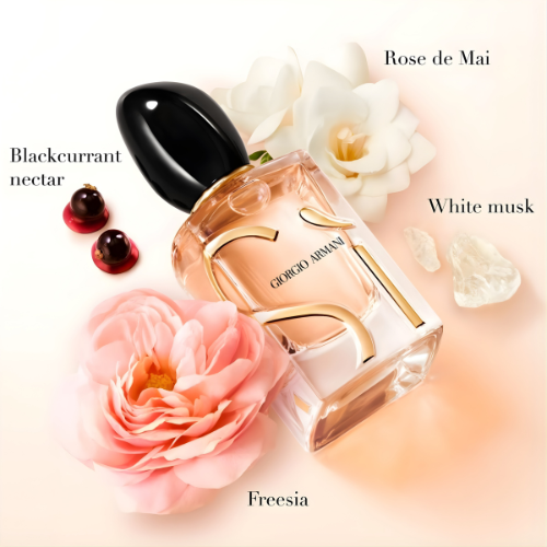 Giorgio Armani Sì Eau De Parfum 100ml bottle with floral accents, featuring Rose de Mai, Blackcurrant nectar, Freesia, and White musk.