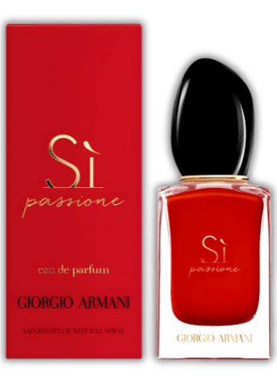 Giorgio Armani Sì Passione EDP 100ml fruity-floral fragrance in vibrant red bottle with elegant packaging.
