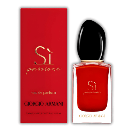 Giorgio Armani Sì Passione EDP 100ml fruity-floral fragrance in vibrant red bottle with elegant packaging.