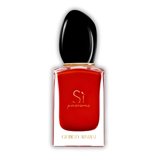 Giorgio Armani Sì Passione EDP 100ml red bottle with black cap, showcasing a bold fragrance experience.