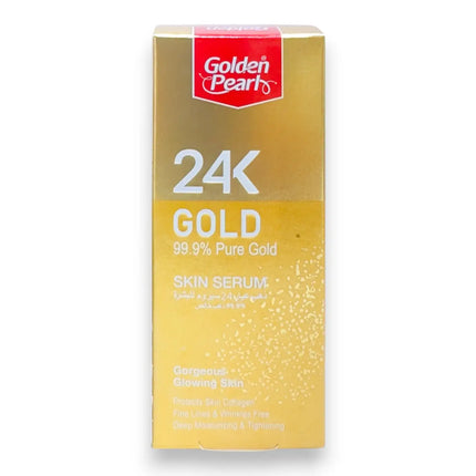 Golden Pearl 24K Gold Pure Radiance Skin Serum packaging, 99.9% pure gold, promoting radiant skin.
