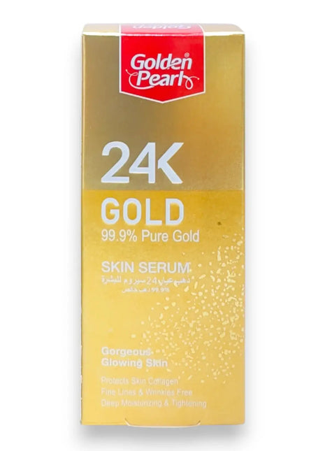 Golden Pearl 24K Gold Pure Radiance Skin Serum packaging, 99.9% pure gold, promoting radiant skin.