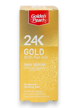 Golden Pearl 24K Gold Pure Radiance Skin Serum 30ml packaging with gold design and key benefits highlighted.