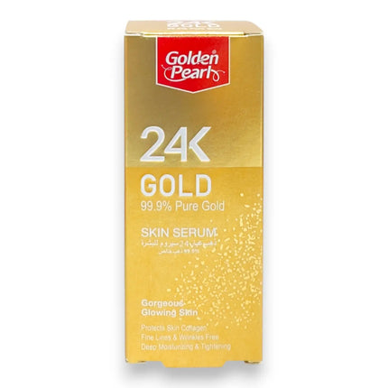 Golden Pearl 24K Gold Pure Radiance Skin Serum 30ml packaging with gold design and key benefits highlighted.