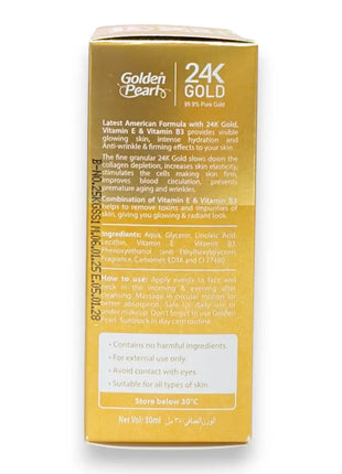 Golden Pearl 24K Gold Pure Radiance Skin Serum 30ml packaging with ingredients and usage instructions.