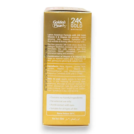 Golden Pearl 24K Gold Pure Radiance Skin Serum 30ml packaging with ingredients and usage instructions.