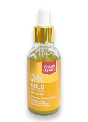 Golden Pearl 24K Gold Pure Radiance Skin Serum 30ml in clear bottle with dropper, promoting radiant skin.