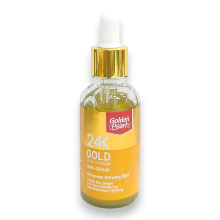 Golden Pearl 24K Gold Pure Radiance Skin Serum 30ml in clear bottle with dropper, promoting radiant skin.