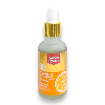 Golden Pearl 3D Vitamin C Hyaluronic Acid Serum 30ml bottle with bright orange design and dropper cap