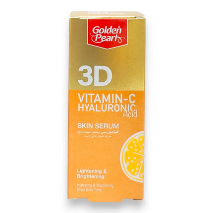 Golden Pearl 3D Vitamin C Hyaluronic Acid Serum packaging showcasing skin benefits and refreshing appearance.