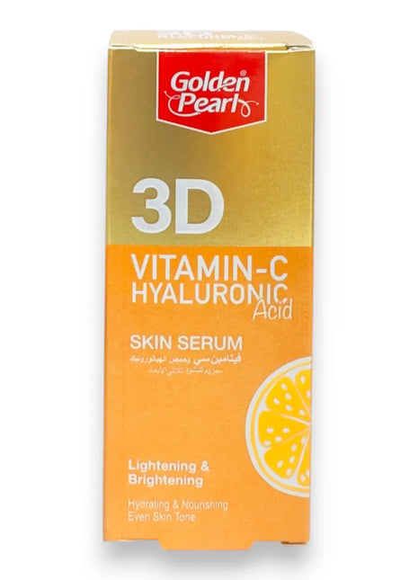 Golden Pearl 3D Vitamin C Hyaluronic Acid Serum packaging showcasing skin benefits and refreshing appearance.
