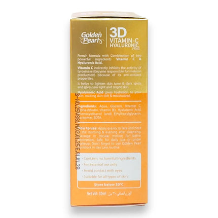 Golden Pearl 3D Vitamin C Hyaluronic Acid Serum 30ml packaging, highlighting key ingredients and usage instructions.