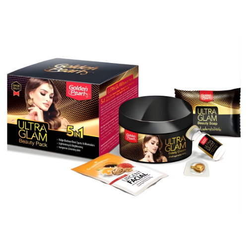 Golden Pearl Ultra Glam Beauty 5in1 pack showcasing beauty soap, facial kit, and cream for salon-like glow at home.