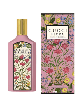 Gucci Flora Gorgeous Gardenia Perfume 100ml bottle and floral packaging design featuring pink and colorful flowers.