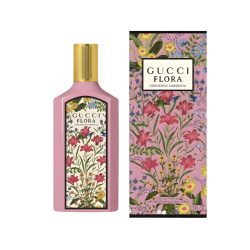 Gucci Flora Gorgeous Gardenia Perfume 100ml bottle and floral packaging design featuring pink and colorful flowers.