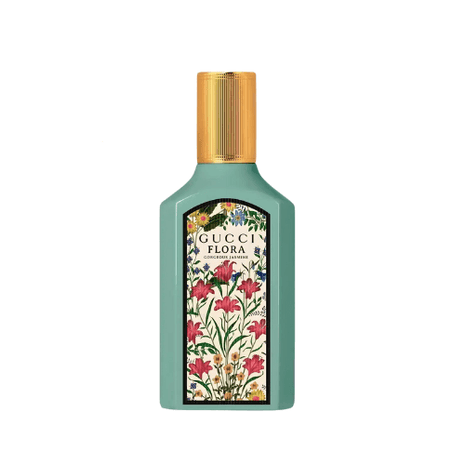 Gucci Flora Gorgeous Jasmine EDP 50ml bottle with floral design and golden cap.