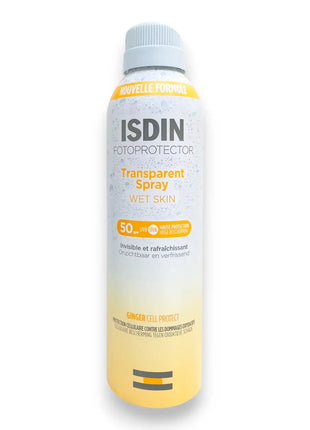 ISDIN Fotoprotector Transparent Spray SPF50 250ml in a cylindrical spray bottle for effective sun protection.