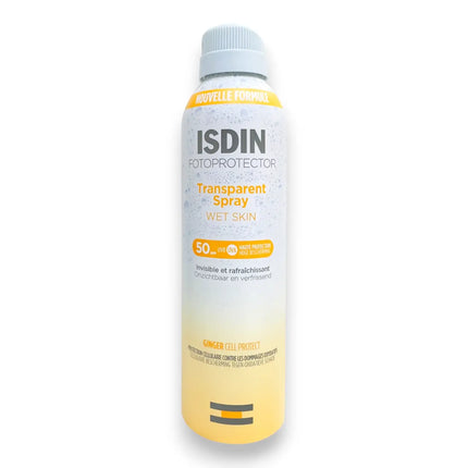 ISDIN Fotoprotector Transparent Spray SPF50 250ml in a cylindrical spray bottle for effective sun protection.