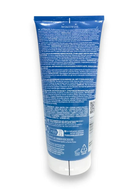 La Roche Posay Effaclar Purifying Foaming Gel 200ml back view showing product details and ingredients.