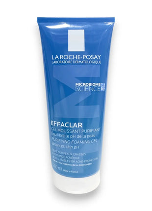 La Roche Posay Effaclar Purifying Foaming Gel 200ml in a blue tube, gently cleanses oily and combination skin.