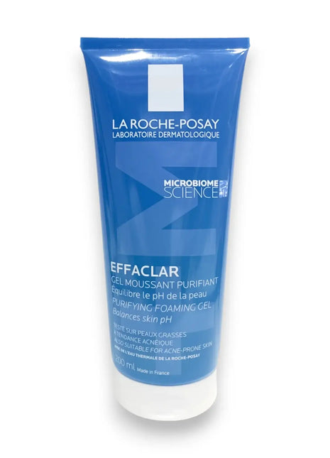 La Roche Posay Effaclar Purifying Foaming Gel 200ml in a blue tube, gently cleanses oily and combination skin.