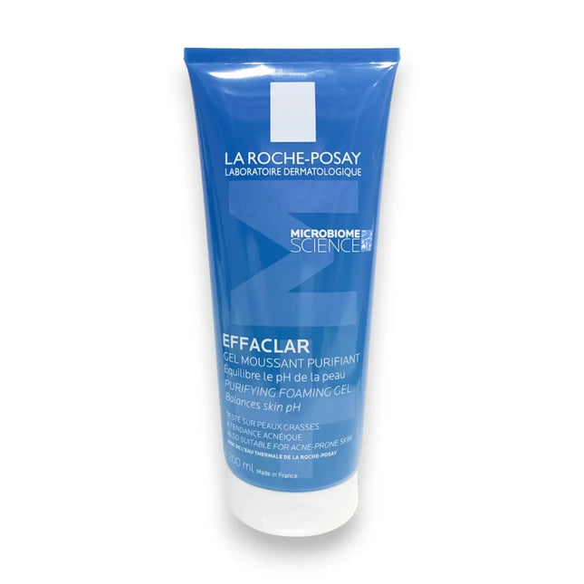 La Roche Posay Effaclar Purifying Foaming Gel 200ml in a blue tube, gently cleanses oily and combination skin.