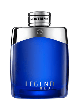 Montblanc Legend Blue Eau De Parfum 100ml bottle showcasing a vibrant blue design and elegant branding.