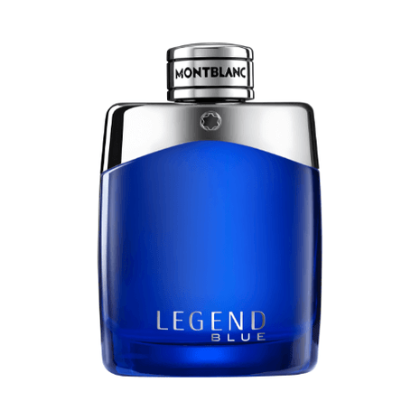 Montblanc Legend Blue Eau De Parfum 100ml bottle showcasing a vibrant blue design and elegant branding.