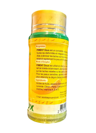 Piment Doux Concentrate Brightening Serum 60ml bottle back view showcasing product details and ingredients.