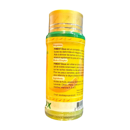Piment Doux Concentrate Brightening Serum 60ml bottle back view showcasing product details and ingredients.