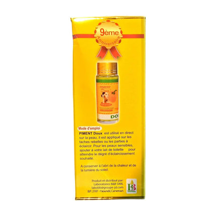 Piment Doux Concentrate Brightening Serum 60ml packaging showcasing instructions for use and benefits on uneven pigmentation.