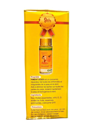 Piment Doux Concentrate Brightening Serum 60ml packaging showcasing its benefits for uneven skin and dark spots.