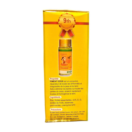 Piment Doux Concentrate Brightening Serum 60ml packaging showcasing its benefits for uneven skin and dark spots.