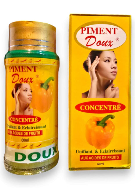 Piment Doux Concentrate Brightening Serum 60ml packaging with fruit acids design and model applying serum.