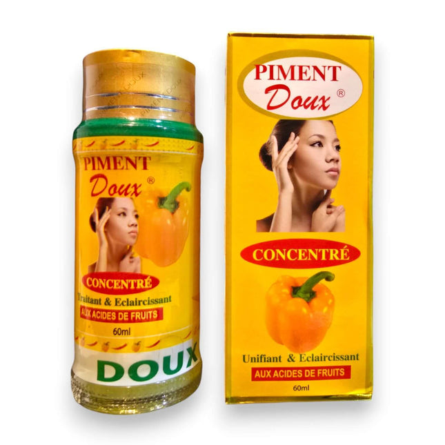 Piment Doux Concentrate Brightening Serum 60ml packaging with fruit acids design and model applying serum.