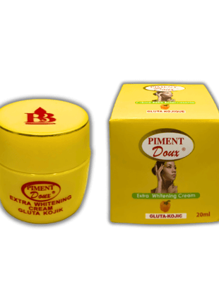 Piment Doux Gluta Kojic Face Cream 20ml yellow jar and packaging for skin whitening treatment.