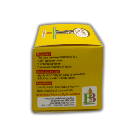 Piment Doux Gluta Kojic Face Cream 20ml yellow box showing properties and directions for use on dark spots.