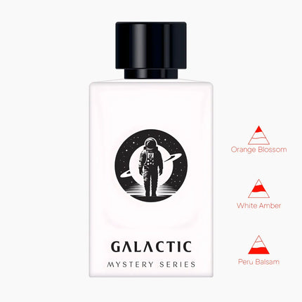 Nexpo Galactic Extrait De Parfum 100ml bottle featuring astronaut design and notes of orange blossom, white amber, Peru balsam.