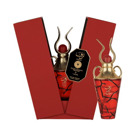 Taraf Niche Emarati Eau De Parfum 100ml in a striking red bottle with elegant packaging.